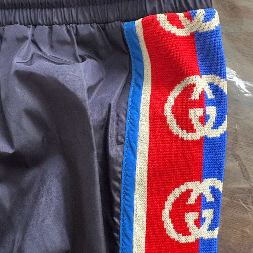 Gucci Dark Blue Shorts with Red and Blue Logo Stripe